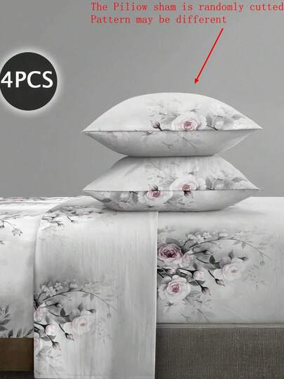 4 件套灰色桃花花卉图案床单套件易护理超细纤维柔软床上用品套装花卉床笠套件（1 件床单+1 件床笠+2 件枕套）床笠套件特大号双人床全尺寸床单深口袋最大 11.8 英寸枕套，柔软透气防皱，更适合睡眠，奢华酒店风格，送给妈妈爸爸朋友的礼物