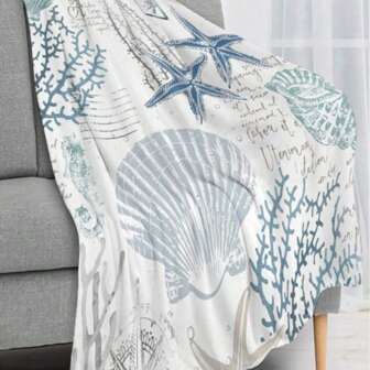 1枚 ヴィンテージ ナウティカルスタイル ヒトデ&貝殻 プラッシュブランケット - 快適な軽量ポリエステル製ブランケット、ブルー&シアンカラー、サンゴ礁柄、低アレルギー性、洗濯機洗い可、オールシーズン使用可、ソファ、ベッド、ビーチハウスの装飾に最適
