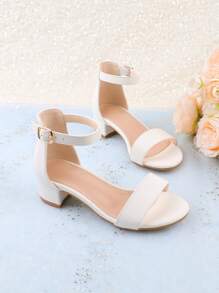 Sandalias de tacón alto blancas para niñas/niños, de tacón grueso y punta abierta, de moda, adecuadas para vestidos de verano, zapatos para niña de flores para bodas y fiestas, zapatos lindos para princesa para niños pequeños/niños pequeños/niños mayores