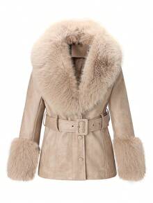 Giolshon 女士常规款皮草大衣 - 秋冬百搭休闲外套，含腰带 - 适合任何外出 - 米色 - 查看 7