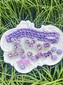 20 sztuk/zestaw fioletowych akcesoriów do dekoracji butów ogrodowych, w tym akrylowe cyrkonie, dekoracje motyli, łańcuszki, odpinane ozdoby odpowiednie do pustych butów sandałowych
