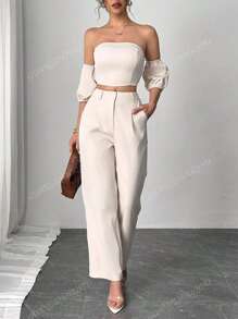2 Stücke Damen Sommer Lässig elegantes Outfit Set: Einfarbiges Bandeau-Top und high-waist Weit geschnittene lange Hose Set