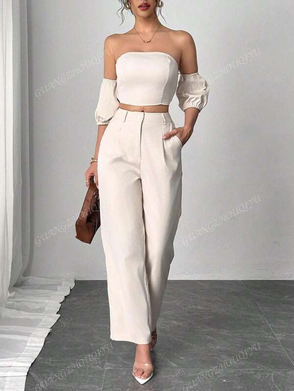2 Pieces Women Summer Casual Elegant Outfit Set: Solid Color Tube Top And High Waist Wide Leg Long Pants Suit