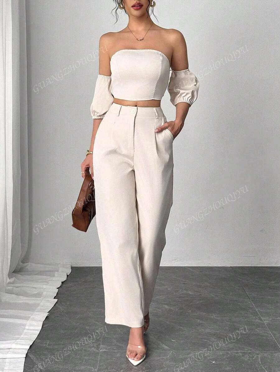 2 Stücke Damen Sommer Lässig elegantes Outfit Set: Einfarbiges Bandeau-Top und high-waist Weit geschnittene lange Hose Set