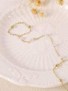 1 pieza Elegante brazalete de cadena para el dedo con perlas de imitación suaves, adecuado para uso diario, banquetes, regalo para la pareja o mamá (longitud y cuentas aleatorias)