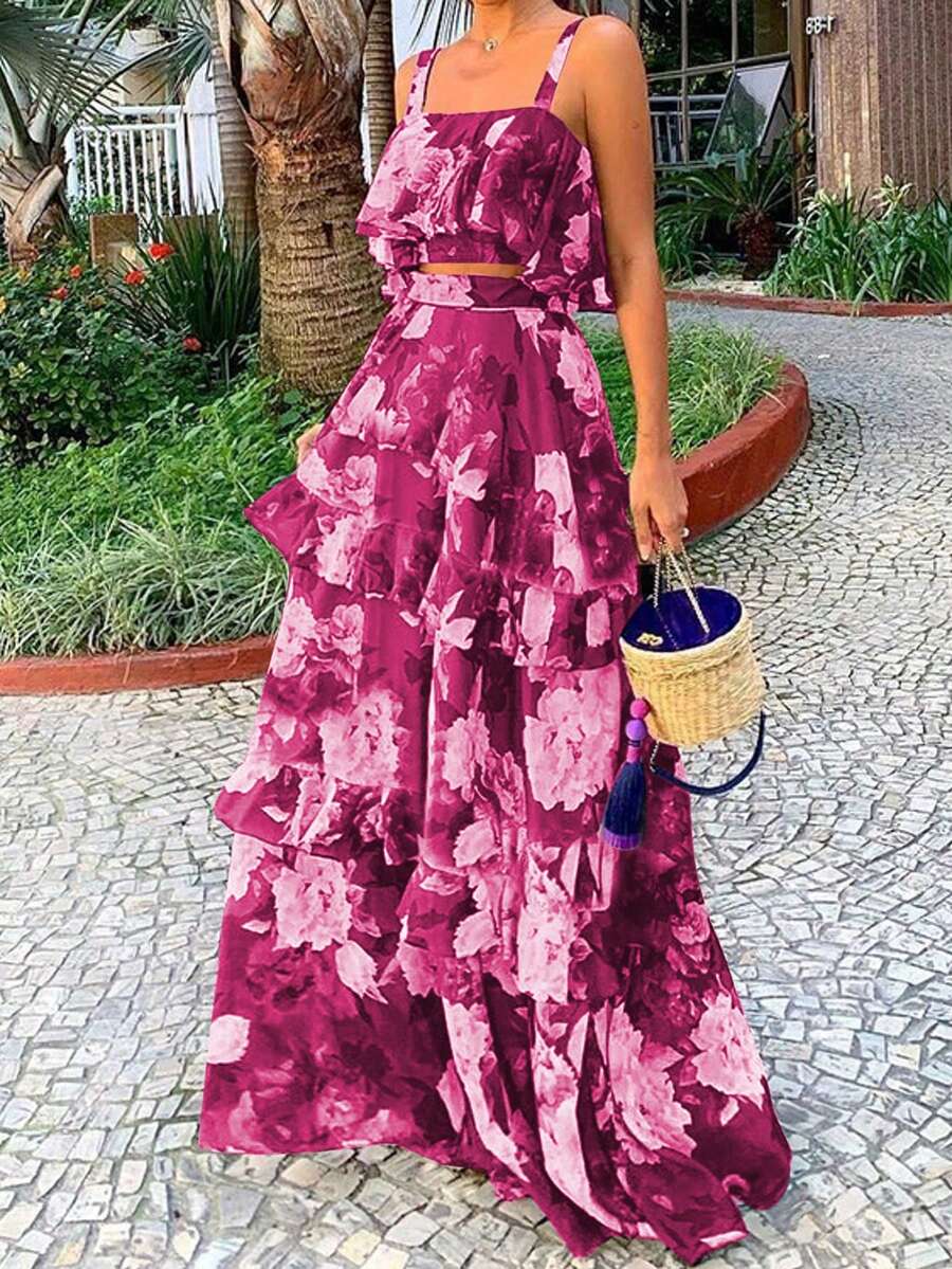 Bộ 2 món họa tiết hoa mới mùa xuân/hè, áo dây nhún bèo và chân váy dài, trang phục đi biển thường ngày theo phong cách Bohemian dành cho nữ, váy đi biển - Màu Hoa hồng đỏ - Xem 1