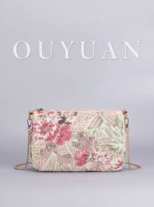 Bolsa Transversal com Bordado Lantejoulas e Corrente, Bolsa Transversal Bordada Floral Clássica Semicircular, Bolsa Jantar de Mulher com Contraste de Cores, Bordado de Lantejoulas e Zíper. Tipo de Bolsa Preferido, Bolsa Multiuso, Pode Ser Transversal, Corrente Dobrada Ao Meio Pode Ser de Ombro. (Posição do Padrão Cortada Aleatoriamente)