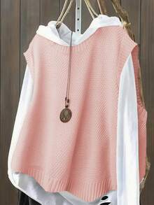 Plus Size Casual Solid Color Crew Neck Knit Sweater Vest - Dusty Pink - View 2