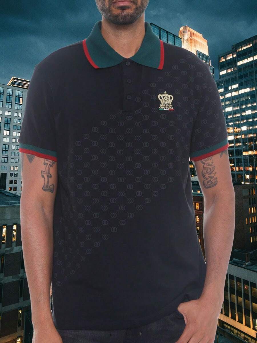 Homme Men's Paris Italy Baroque Short Sleeve Polo Shirt , Button Up Collar Golf Casual Husband - Black - View 1