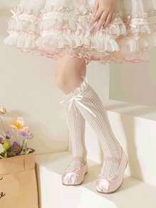 1 Pair Lace Edge Ankle Length Socks, Hollow Out Calf High Socks With Bowknot, Lolita Ballet Style, Thin Fabric, Spring/Summer