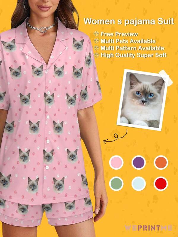 1 Set Women Customized Pet Face Printed Short Sleeve Shirt & Shorts Pajama, Lapel Casual Comfortable