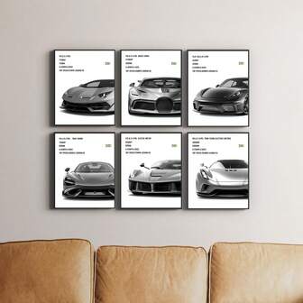 Oinramade 6st Superbilaffischer - Moderna bilväggkonsttryck, sportbilsaffisch för män, racingbilsrumsinredning för sovrum, Coola superbilar konstverk Bilder Dekorationsaffisch