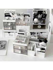 化妆收纳盒适用于梳妆台浴室桌面化妆品收纳盒，带抽屉，可存放口红、刷子、乳液、眼影、展示盒桌面收纳盒，带透明抽屉，大容量化妆刷收纳盒适用于浴室桌面，别致的抽屉式化妆品收纳盒带镜子便携式化妆品收纳盒，可存放护肤品、口红等 - 彩色 - 查看 5