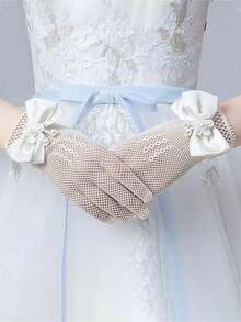 1 双儿童蕾丝蝴蝶结手套夏季薄款女童弹力网眼蝴蝶结公主适合派对和节日活动 - 1Pair - 查看 3