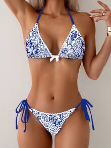 Women's Halter Tie Backless Bow Blouse And Side Tie Bottom, Ruffled Decor Triangle Bikini Set - Royal Blue - View 2