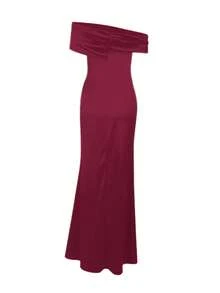 WOWDARK 夏季连衣裙，酒红色，露肩，纯色，褶皱设计，高开衩，派对礼服，优雅女士连衣裙，适合情人节、约会、聚会、派对、旅行、度假、海滩婚礼等场合。 - 酒紅色 - 查看 5