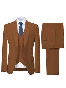 3-Pieces Mens Suit Formal Business Wedding Prom Suit Male Groom Tuxedo, Solid Color, Blazer+Vest+Pant, Modern Fit Wedding Party Dinner Formal, Long Sleeves, Double Breasted, Machine Washable, Spring/Fall - 棕色 - 查看 2