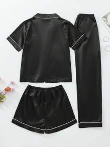3 pièces Ensemble pyjama en satin unicolore élégant pour femmes - débardeur avec col châle boutonné, pantalon long et short, convient pour toutes les saisons