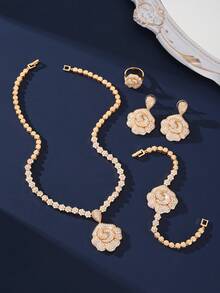 4 件套沙特阿拉伯迪拜新娘珠宝玫瑰花耳环项链手链戒指套装配白色锆石、婚纱配饰、情人节礼物送给女友