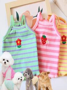1pc Rainbow Striped Sleeveless Pet Vest For Cats & Small Dogs, Lightweight & Breathable Polyester Fabric, Suitable For Summer, With Embroidered Pattern