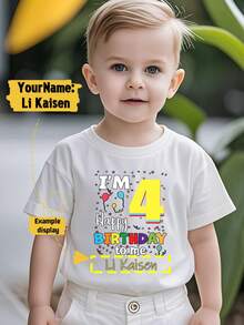 5th Birthday Balloon Customizable With Your Name, Birthday Print Pattern Boys' Sports T-Shirt, Kids' Casual Short Sleeve Top, White, Fast Shipping - White - View 1