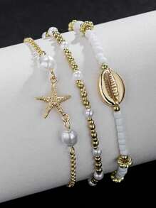 3-Piece Summer Beach Style Alloy Starfish Shell Stacked Beads Glass Material Women's Anklet Set