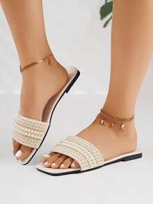 Women's Slippers With Rhinestone Decor, Casual Versatile Outdoor Plastic Flat Sandals - White - View 4