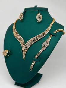 4 pièces Ensemble de bijoux du Moyen-Orient : Collier en or, boucles d'oreilles, bague, bracelet, design en forme de blé en cuivre et zirconium, décoration de gland, convient pour le port quotidien, les fêtes, les mariages et les tenues de mariée pour femmes