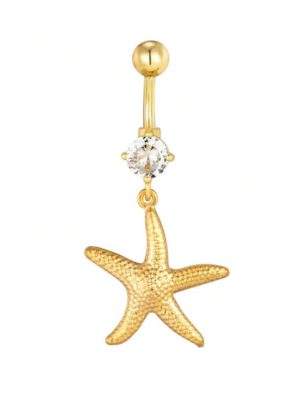 1pc 14G 10mm Stainless Steel Starfish Belly Button Ring, Surgical Steel Or G23 Titanium Curved Bar, Fashion Accessory For Beach/Resort, Summer For Women
