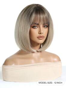 Elegant Ombre Blonde Bob Wigs With Bangs 12 Inch Natural Straight Dark Roots Wigs Synthetic Soft Straight Bob Wigs For Daily Party Music Festival Fashion Colored Hair Wigs Easter Gifts - Blonde Ombre - View 3