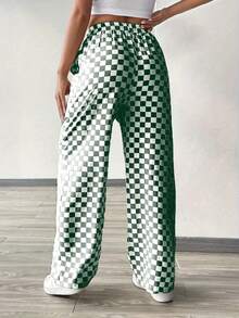 Plaid Print Casual Loose Drawstring Wide Leg Pants Spring - Dark Green - View 2