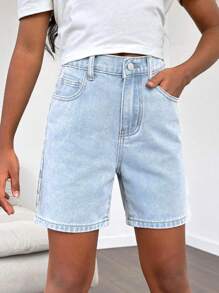 Girls Vintage 20th Century Stone Washed Loose Fit Covered Pocket Denim Shorts