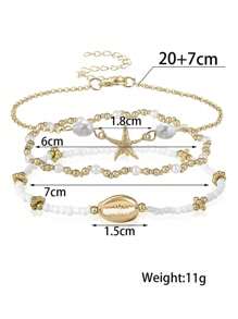 3-Piece Summer Beach Style Alloy Starfish Shell Stacked Beads Glass Material Women's Anklet Set