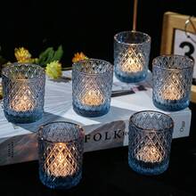 6/12pcs Clear Glass Votive Candle Holders, Bulk For Table Centerpiece, Tea Lights Holders For Wedding Shower, Christmas Party And Home Decor - Blue - View 7