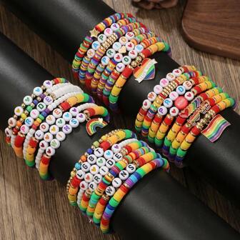7pcs/Set Colorful Polymer Clay LOVE Letter Heart Bracelet, LGBT Pride Month Dangle Rainbow Charm Bead Bracelet Set, Random Polymer Clay & Color Letters