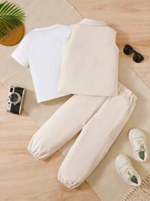 BrownBark Set de 3 piezas de ropa casual versátil para niños pequeños - Camiseta de manga corta de unicolor + Chaqueta sin mangas + Pantalones cargo casuales