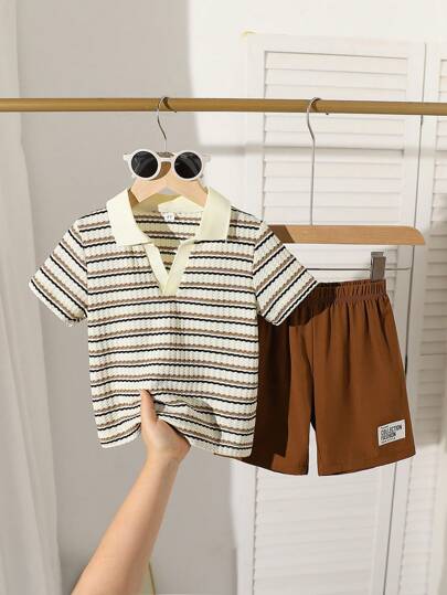 2pcs Boys Waffle Striped Polo Set 2025 - V-Neck Shirt & Shorts, Summer Outfit (Age 2-3,4-5,6-7Y)