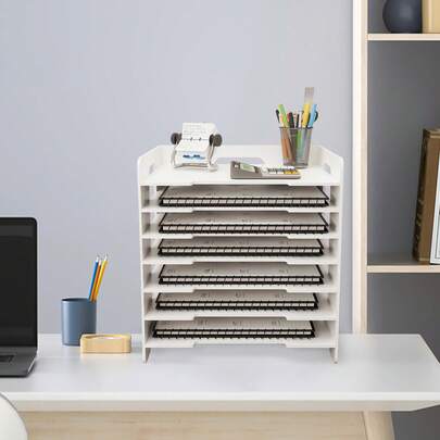 Porte-documents multifonctionnel pour le bureau, boîte à dossiers en bois-plastique, 7 niveaux, 33.5*25.5*40cm