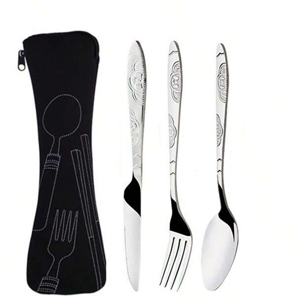Juego de 3 piezas de cubiertos portátiles de acero inoxidable con bolsa organizadora - Cuchillo, tenedor, cuchara - Ideal para viajes, picnics, camping y uso al aire libre