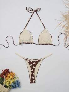 Women's Sexy Coffee Heart Halter Tie Bikini 2 Pieces Set