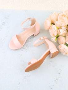 Sandalias de tacón alto grueso y puntera abierta de color rosa para niñas, zapatos formales de vestir para niña de las flores, boda, fiesta, princesa, adecuados para niñas pequeñas/niñas pequeñas/niñas grandes - Rosa - Ver 4
