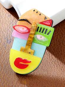 1pc Women's Fashion Acrylic Abstract Portrait Art Brooch, Geometric Face Personalized Badge, Unisex - Yellow - View 3