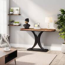 LITTLE TREE Industrial Console Table, 100 Cm Narrow Entryway Foyer Table With Geometric Base, Rustic Hallway Accent Table For Living Room, Entrance - Brown - View 5