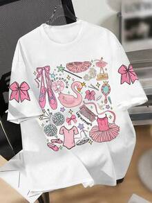 Girls' Ballet Element Bow Print Round Neck T-Shirt, Casual Soft Top For Summer - White - View 1