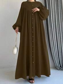 Women's Elegant Fairy Style Single-Breasted Lantern Sleeve Long Dress, Arabian Style, Spring - Coffee Brown - View 1