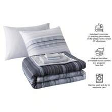 7-Piece Reversible Bed In A Bag Comforter Set With Sheets, Blue Floral, Queen - Grey Stripe - 查看 3