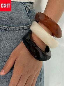 GNIT 3pcs Asymmetric Acrylic Semi-Transparent Bracelet Set, Personalized, Versatile, Exaggerated Colorful Geometric Design Jewelry Set, 2025 New Vintage Elegant Niche Design, Sweet Elegant High-End Ladies Delicate Fresh Jewelry, Perfect Gift For Women - Transparent Color + Orange + Dark Brown - View 14