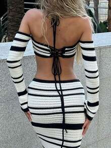 2pcs/Set Sexy Black & White Striped Knit Beach Cover-Up Set - Black and White - View 4