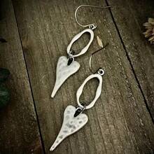 Vintage Style Distressed Silver Heart Shaped Earrings, Unique & Minimalist Design - Antique Silver - View 4