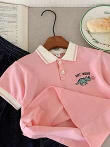 Kid's Polo Shirt, Summer 2025 New Arrivals, Boys & Girls Colorblock Lapel Short Sleeve Tee Tops - Pink - View 3